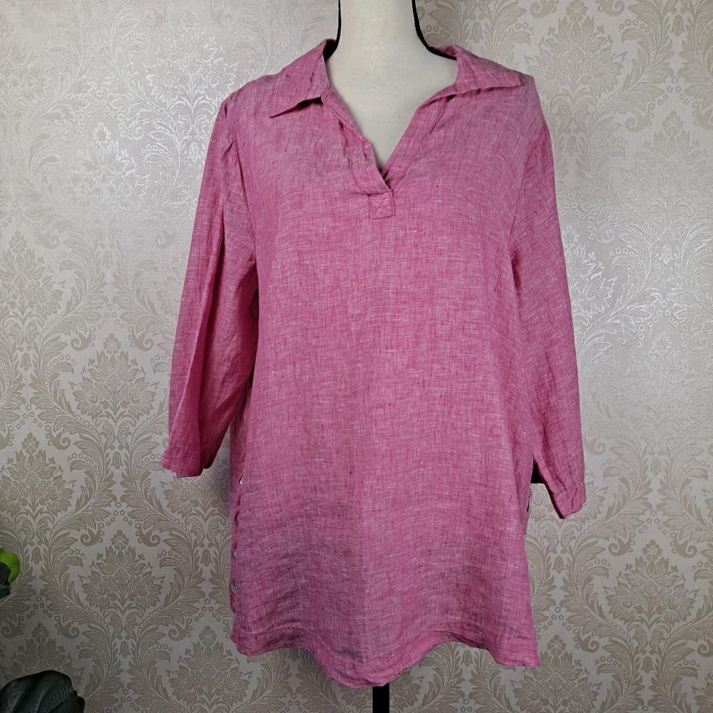 Tahari Size 1X 100% Linen Pink Blouse 3/4 Sleeve Collared V-Neck Side Buttons